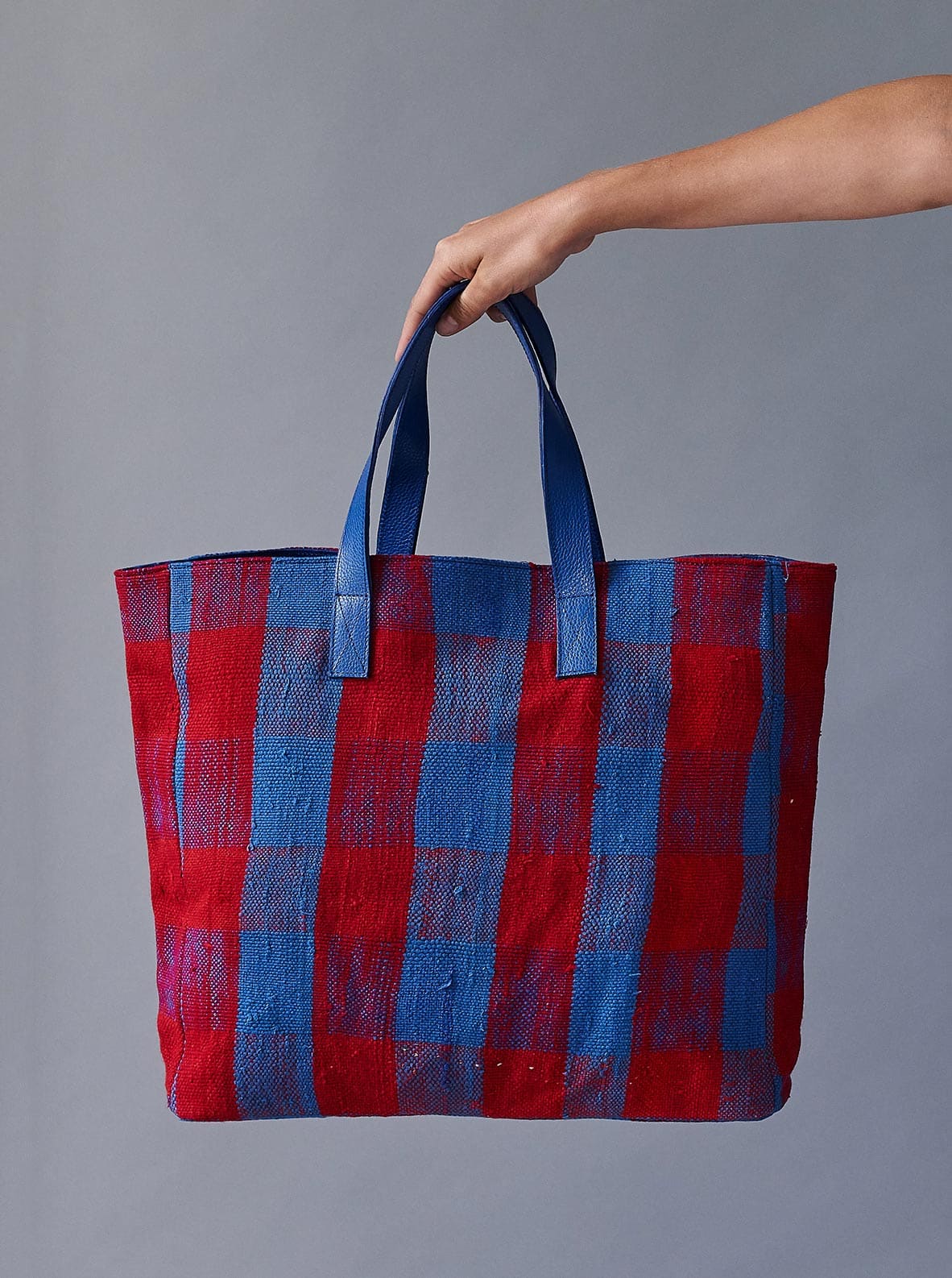 Vintage grain sack tote bag. Vertical blue and red stripes. Handwoven –  Bits and Totes